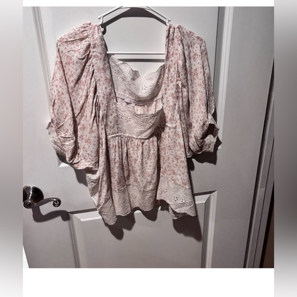 Olivaceous‎ Pink Floral Lace Blouse Eyelet Trim Hobo Retro Size Large - Picture 7 of 7